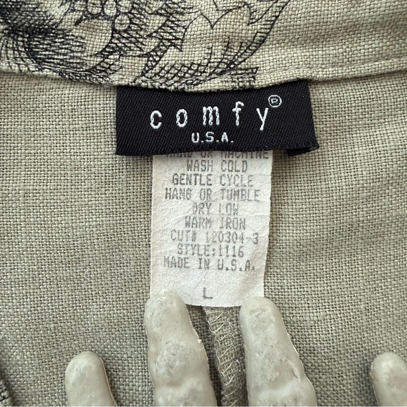 Vintage 90s Sage Green with AOP Floral Print Linen Button Down Shirt ~ Size L - Picture 7 of 8